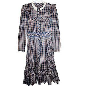 Vintage 70's Candi Jones Womens Prairie Cottagecore Western Dress Plaid Ruffle